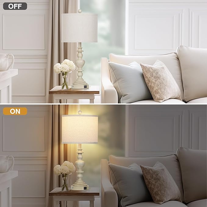 27" Farmhouse Lamps Set of 2 with USB C+A Charging Ports, Vintage Rustic Touch Control Table Lamp for Living Room, 3-Way Dimmable Traditional Nightstand Bedside Lamp for Bedroom Resin Washed Beige - Bloomnest