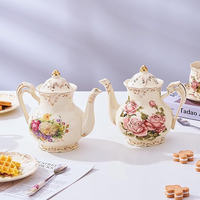 YOLIFE Small Pink Rose Teapot, 25oz/ 3 Cup Vintage Ivory Ceramic Tea Pot, Floral Teapot with Gold Trim, Gifts for Women - Bloomnest