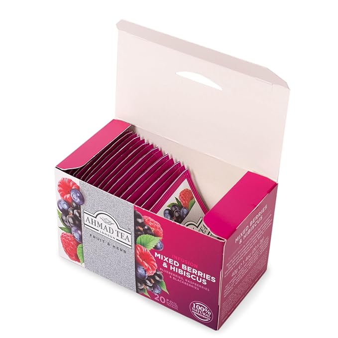 Ahmad Tea Herbal Tea, Mixed Berries & Hibiscus Teabags, 20 ct (Pack of 1) - Decaffeinated & Sugar-Free - Bloomnest
