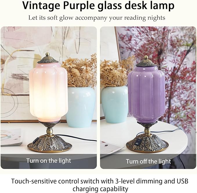 Vintage Purple Glass Touch Table Lamp, Elegant MilK Glass Bedside Desk Lamp 3 Way Dimmable with USB C+A Charging Ports - Bedroom Nightstand & Living Room Essential, 4W Bulb Included (Purple, 6.5) - Bloomnest