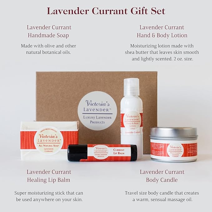 Victoria's Lavender Natural Body Products Gift Set - Handmade Soap, Hand & Body Lotion, Lip Balm, Body Candle Skin Care Set & Kit, Made in USA Lavender Bath & Body Products for Women, Lavender Currant - Bloomnest