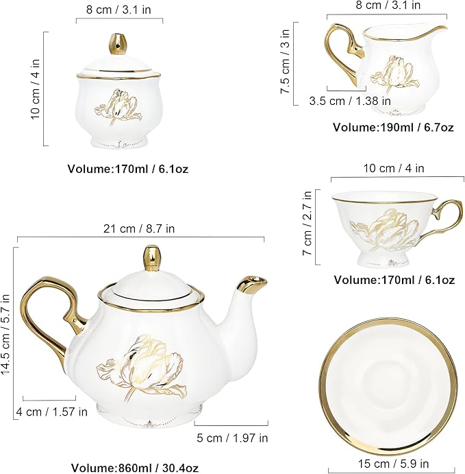 fanquare British Porcelain Tea Coffee Set 22 Piece New Bone China Gold Tulip Tea Service for Afternoon Tea, 6 TeaCup and Saucers with Metal Holder for Home Wedding Birthday - Bloomnest