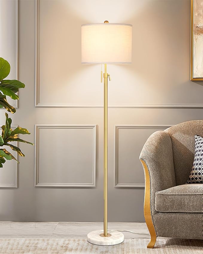 【Upgrade】 Gold Floor Lamps for Living Room, 55"-67" Height Adjustable Modern Standing Lamp with Marble Base, Pull Chain Switch, 3-Way Dimmable Tall Pole Lamp for Bedroom Office Reading, Bulb Included - Bloomnest