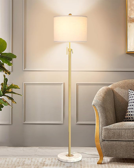 【Upgrade】 Gold Floor Lamps for Living Room, 55"-67" Height Adjustable Modern Standing Lamp with Marble Base, Pull Chain Switch, 3-Way Dimmable Tall Pole Lamp for Bedroom Office Reading, Bulb Included - Bloomnest