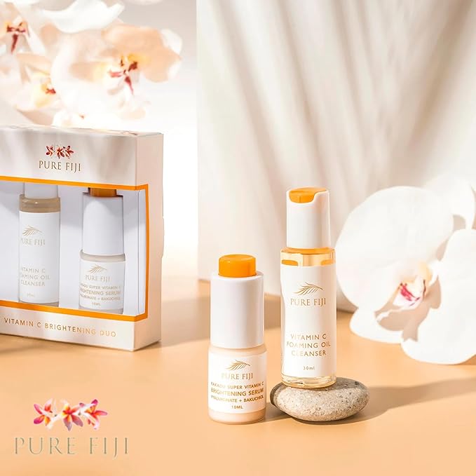 Pure Fiji Vitamin C Brightening Duo Kit - Foaming Oil and Brightening Vitamin C Face Serum - Anti Aging Anti-Wrinkle Facial Serum Gentle Foaming Oil, Antioxidant Serum, for All Skin Types - Bloomnest