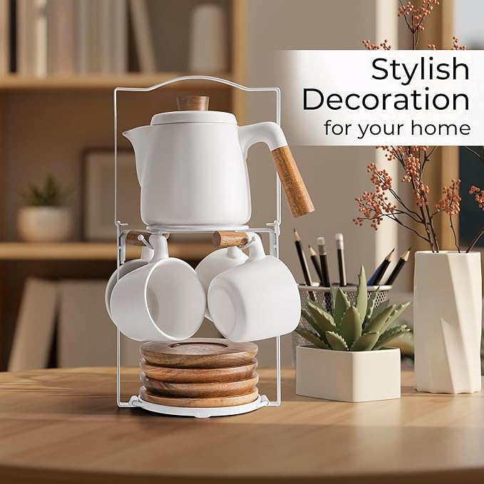MIAMIO – 34 Oz Ceramic Tea Pot Set with Infuser and Cups/Tea Strainer, 4 Ceramic Tea Mugs (10 Oz), Bamboo Saucers/Handle for Home and Office (White) - Bloomnest