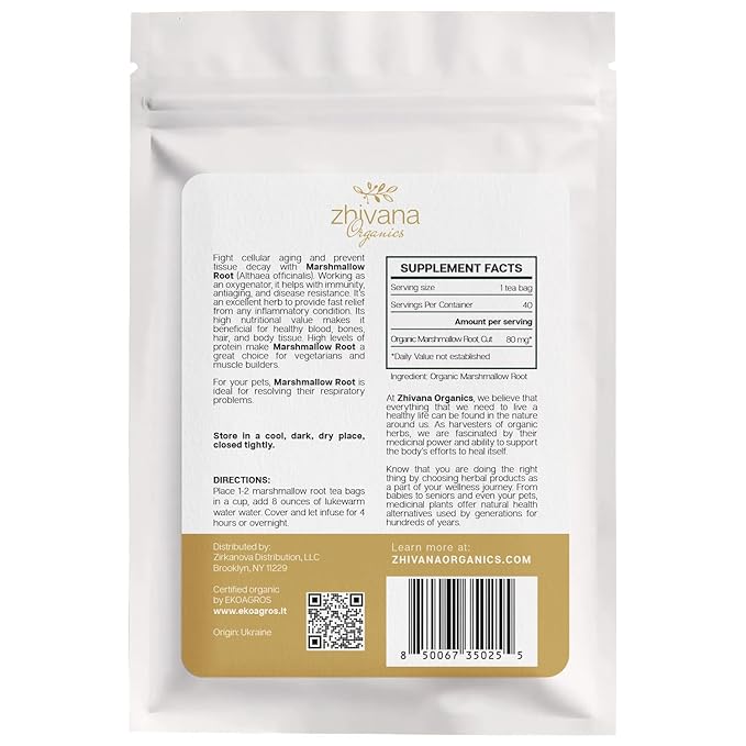 Organic Marshmallow Root 40 Tea Bags – Althaea Officinalis Herbal Tea - Support Throat & Digestive Comfort – Caffeine-Free, Non-GMO - Bloomnest