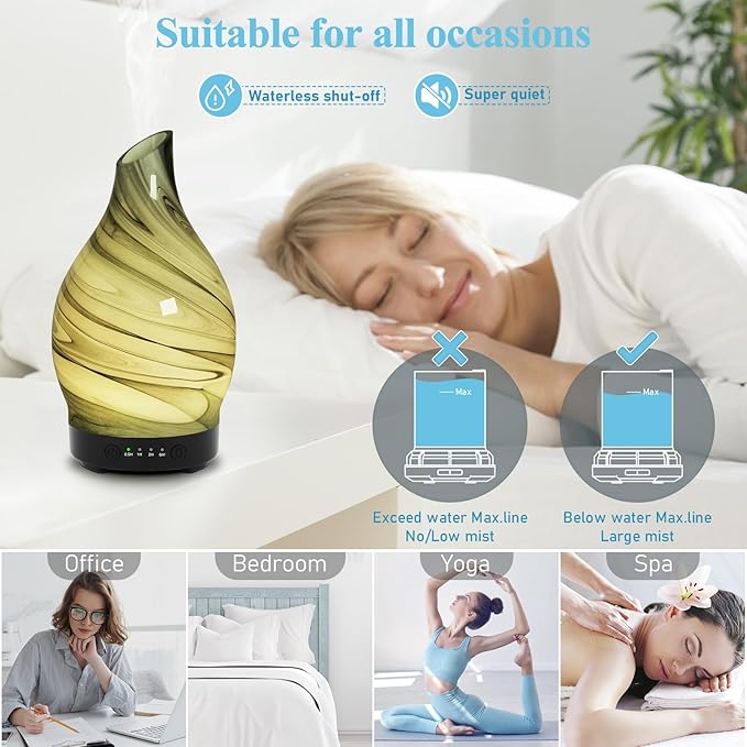 Essential Oil Diffuser 150ML, Glass Aromatherapy Diffuser with 4 Timer Settings & 7 Color Changing Lights, Waterless Auto Shut-Off, Ultra Quiet Oil Diffuser for Home, Office, Yoga, Spa and Sleeping - Bloomnest