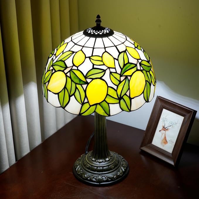Tiffany Lamp Yellow Lemon Green Leaves Stained Glass Table Lamp Vintage Bedroom Desk Light for Home Dorm Office Art Craft Antique Decor Accent Aesthetic Nightstand Reading Light - Bloomnest
