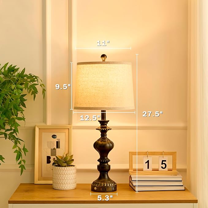 27.5" Farmhouse Table Lamps Set of 2 Bedside Lamp with USB C+A Ports & AC Outlet, 3 Way Dimmable Touch Lamps for Living Room Bedroom Office Hallway Rustic Nightstand Traditional Lamp - Bloomnest