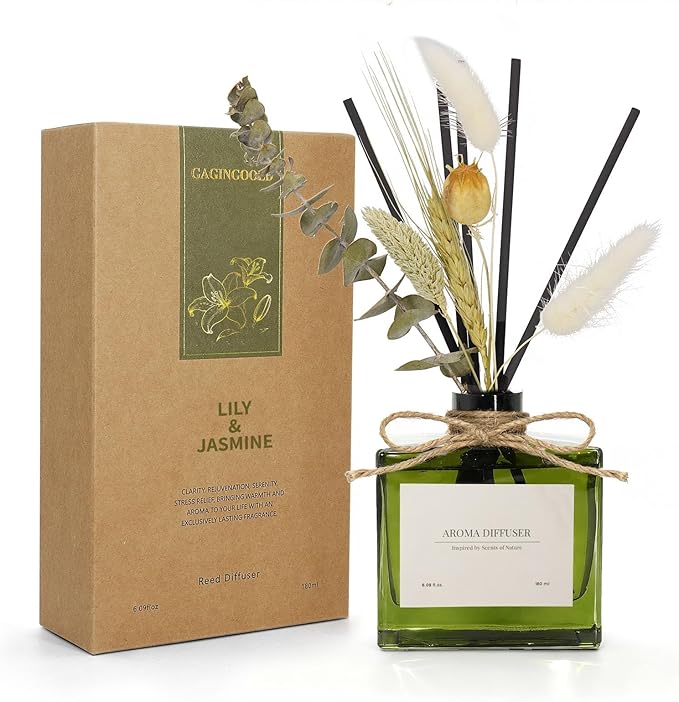 Reed Diffuser, 6.09 oz Jasmine Lily Scent Diffuser with Sticks & Dried Flowers, 120 Days Long Lasting reed diffusers for home, Elegant fragrance for Bathroom Bedroom Office Decor, Air fresh - Bloomnest