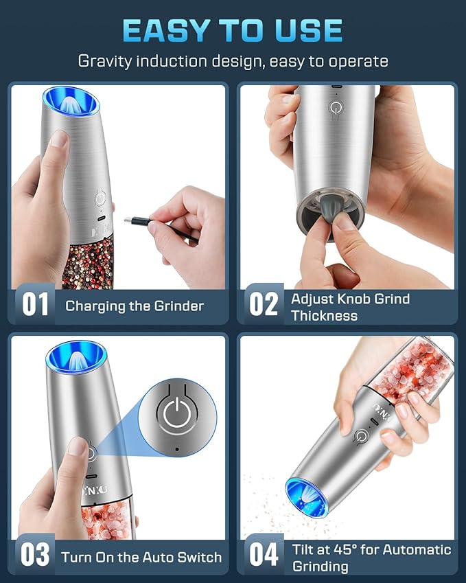 XinXu Gravity Electric Pepper and Salt Grinder Set, Adjustable Coarseness, with LED Light, One Hand Automatic Operation (Rechargeable Set/Silver X) - Bloomnest