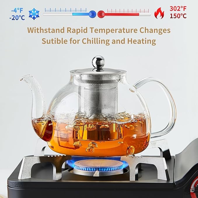 60OZ (1800ML) Glass Teapot with Infuser Stovetop Safe, Clear Glass Tea Pot Kettle, Borosilicate Tea Pot with Infusers Filter for Loose Tea, Tea Kettle Dishwasher Safe - Bloomnest