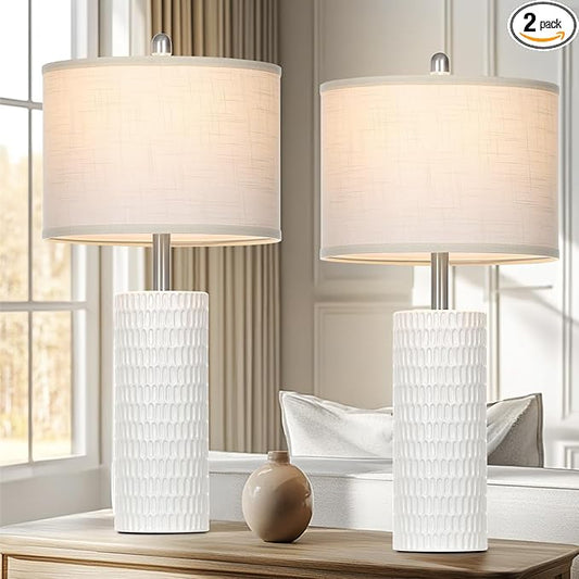 27" Ceramic Table Lamp, Farmhouse Table Lamp for Living Room, White Lamp for Bedroom, Night Stand, Modern Bedside Lamp Set of 2, End Table Lamps, White(2 Bulbs Included) - Bloomnest