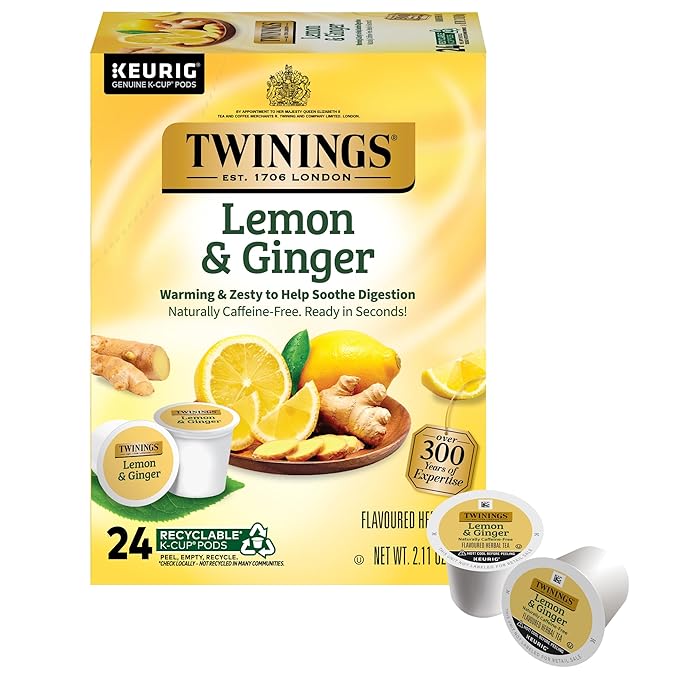 Twinings Lemon & Ginger Herbal Tea K-Cup Pods for Keurig, 24 Count (Pack of 1), Tangy & Spicy, Naturally Caffeine-Free, Enjoy Hot or Iced - Bloomnest