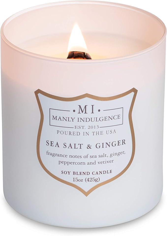 Manly Indulgence Sea Salt & Ginger Scented Candles for Men, 15 oz Wooden Wick, Premium Soy Blend Wax, 60H Burn, Candles for Home Scented - Made in The USA - Bloomnest