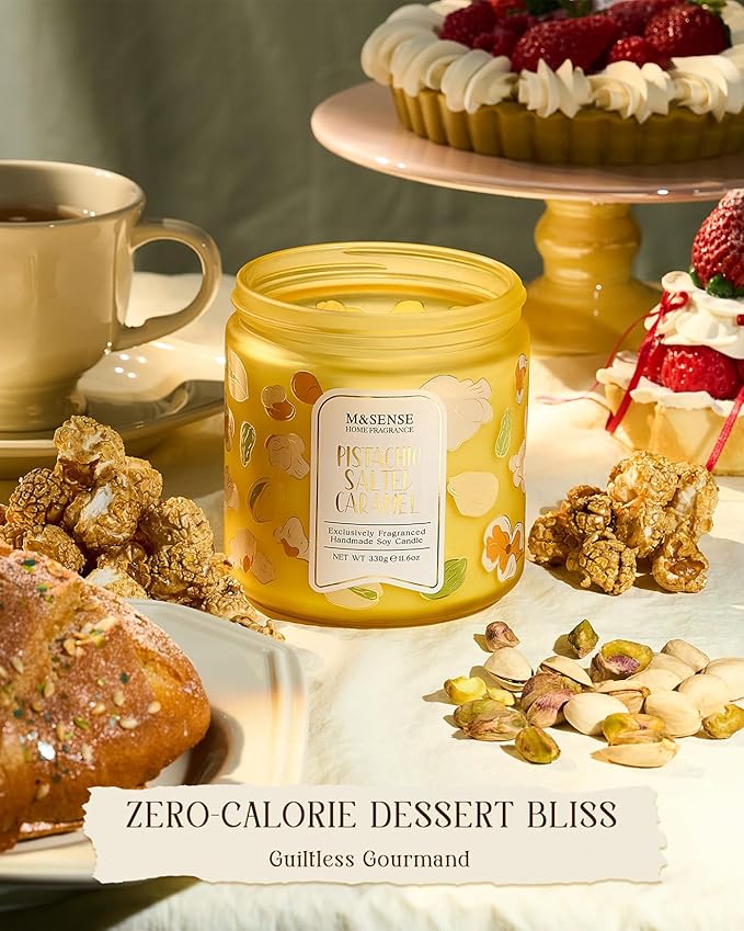 M&SENSE Pistachio Caramel Scented Candle, 11.6oz Natural Soy Wax Non Toxic, 2 Wick Jar Candle, Up to 70 Hours Clean Burn, Housewarming Gift for Women, Nutty Sweet Aroma for Home Office Comfort - Bloomnest