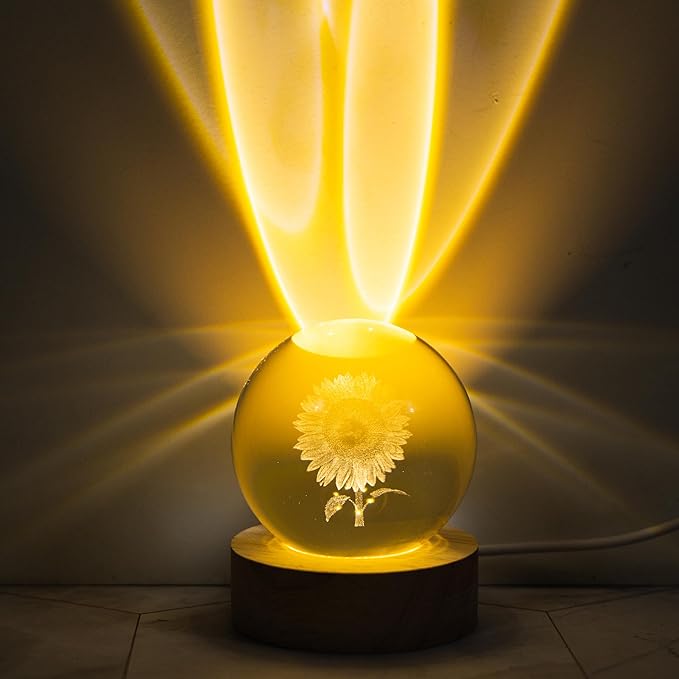 3D Laser Etched Sunflower Crystal Ball, Sunflower Decor Glass Sphere Lamp Night Light, Crystal Flower Figurines Collectibles Gifts for Mom Women Girls - Bloomnest