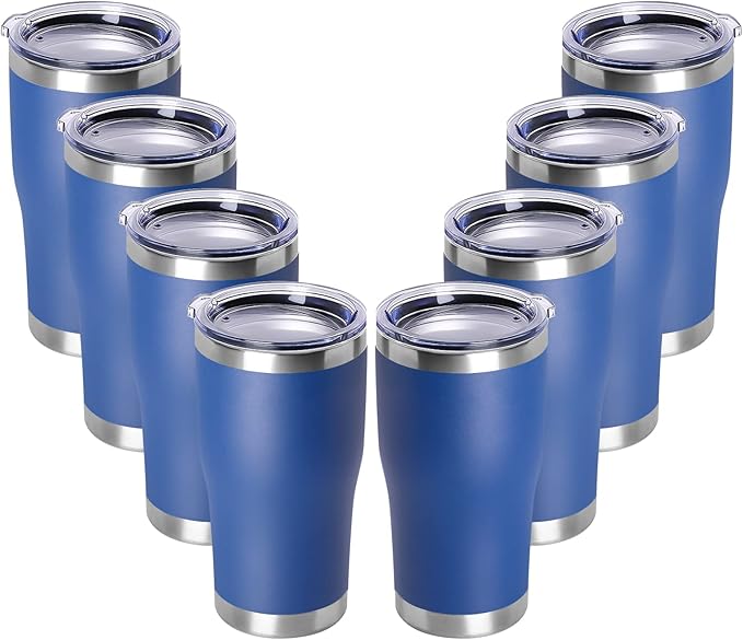 DOMICARE 20oz Tumbler with Lid Stainless Steel Tumblers Bulk, Double Wall Vacuum Insulated Coffee Travel Mug Powder Coated Tumbler, 8 Count (Pack of 1) Dark Blue
