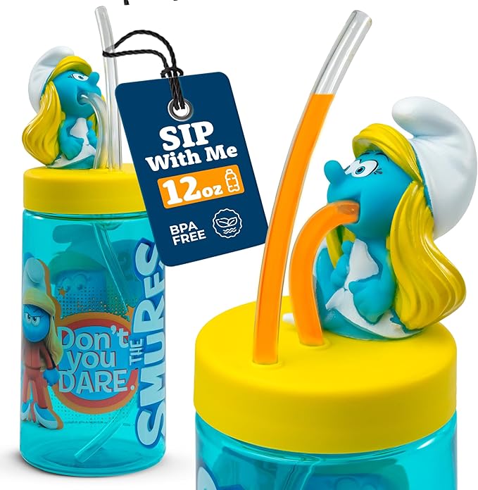 Smurfette Cup, Water Bottle, Tumbler with Lid and Straw, Travel Sippy Cup for Water or Milk, Cups with Lids BPA Free Plastic, 12 oz - Bloomnest