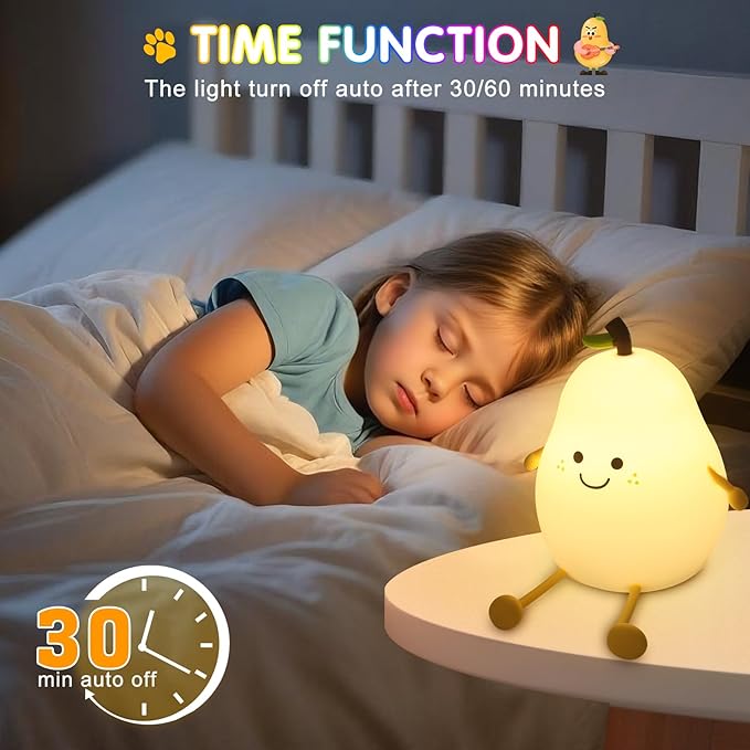 Night Light for Kids, 7 Color Changing BPA-Free Silicone Lamp with Touch Control, Eye Protection, Rechargeable Battery, Soft & Safe Nursery Lamp for Boys & Girls (Pear) - Bloomnest