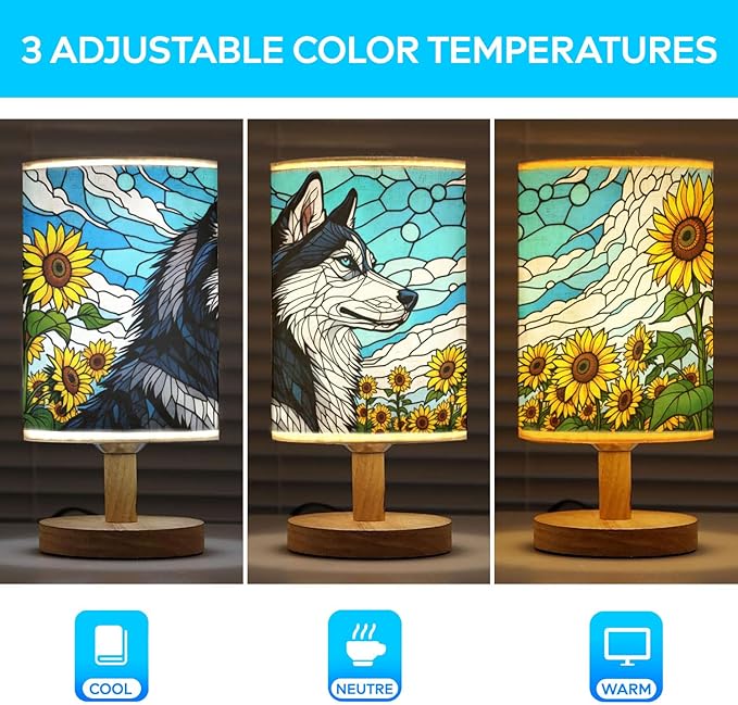 Siberian Husky Table Lamp LED 3-Color Pressed Bedside, Dog Shade Lamp with Wood Base for Bedroom Living Room Desk Office - Bloomnest