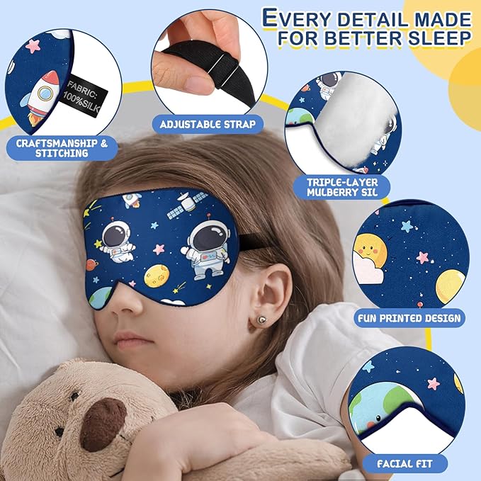 Kids Silk Sleep Mask: 100% Mulberry Silk Eye Mask with Adjustable Strap, Cute Sleeping Blindfold for Boys Girls Teens, Soft & Lightweight Eye Shade for Travel, Nap, Bedtime (Space Style) - Bloomnest