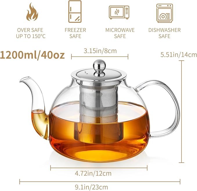40OZ (1200ML) Glass Teapot with Infuser Stovetop Safe, Clear Glass Tea Pot Kettle, Borosilicate Tea Pot with Infusers Filter for Loose Tea, Tea Kettle Dishwasher Safe - Bloomnest