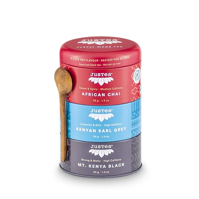 JusTea Black Tea Trio | Stacking Tins Variety Pack with Hand Carved Tea Spoon | Loose Leaf Tea | High Caffeine | Award-Winning | Fair Trade | Non-GMO - Bloomnest
