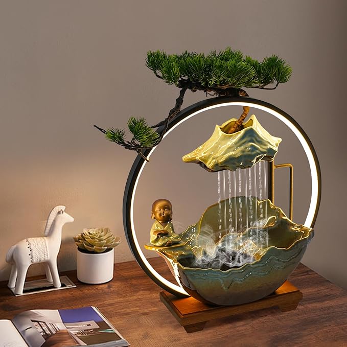 Water Fountains Indoor Tabletop Waterfall Humidifier W/LED Light & Atomizer Mist &Cute Monk Statue, Zen Decor Meditation Japanese Decor Fake Plants Feng Shui Decor Festival Birthday Gift - Bloomnest