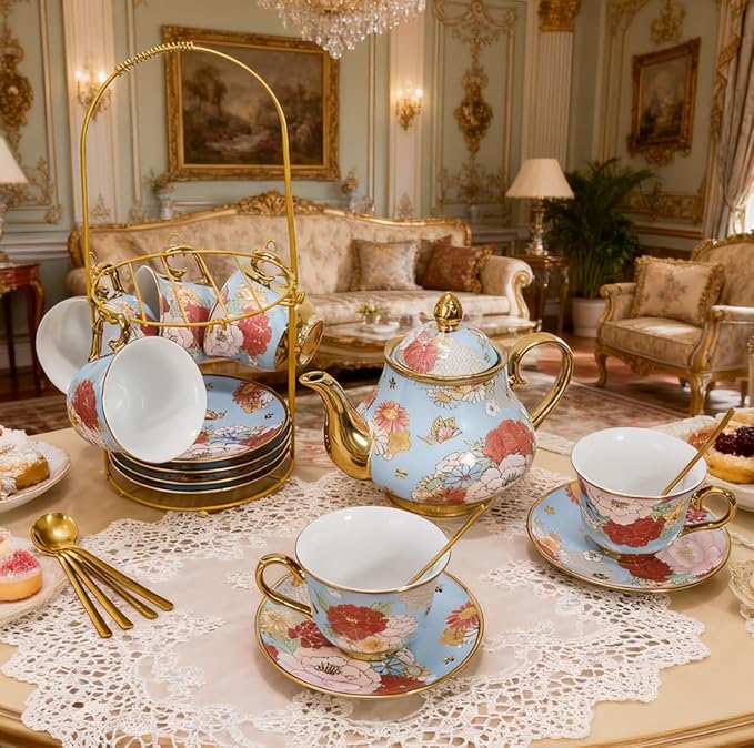 CHANJOON Gold Plated Red Rose Ceramic Tea Set, Vintage Tea Sets with Teapot, Beautiful Tea Set Coffee Serving 6 People (Green, X Large) - Bloomnest