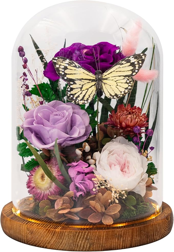 Eternal Flower with Butterfly: Big Flowers Big Love-Elegant Flower in Glass Dome-Thanksgiving, Christmas, Mom Gifts for Her-Flowers for Delivery Prime-Floral Arrangements(Purple) - Bloomnest