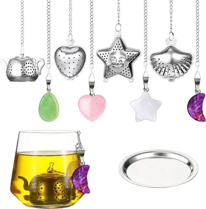 Cunhill 4 Sets Loose Tea Infusers Stainless Steel Teaballs Cute Tea Strainers Steeper Filters with Crystal Stone Pendants and Drip Tray Teacups Accessories(Cute Style) - Bloomnest
