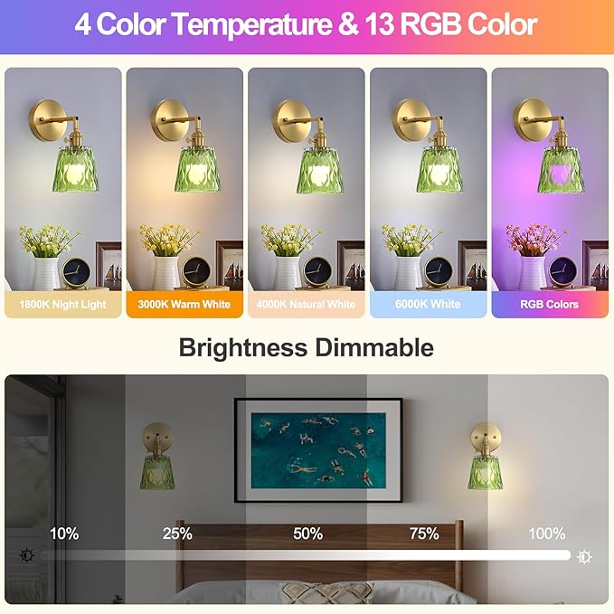 2 Pack Vintage Battery Operated Wall Sconces with Green Glass Shade, Wireless Rechargeable RGB Wall Light, Remote Control & 180 Degree Adjustable, for Bedroom Living Room Hallway Aisle - Bloomnest