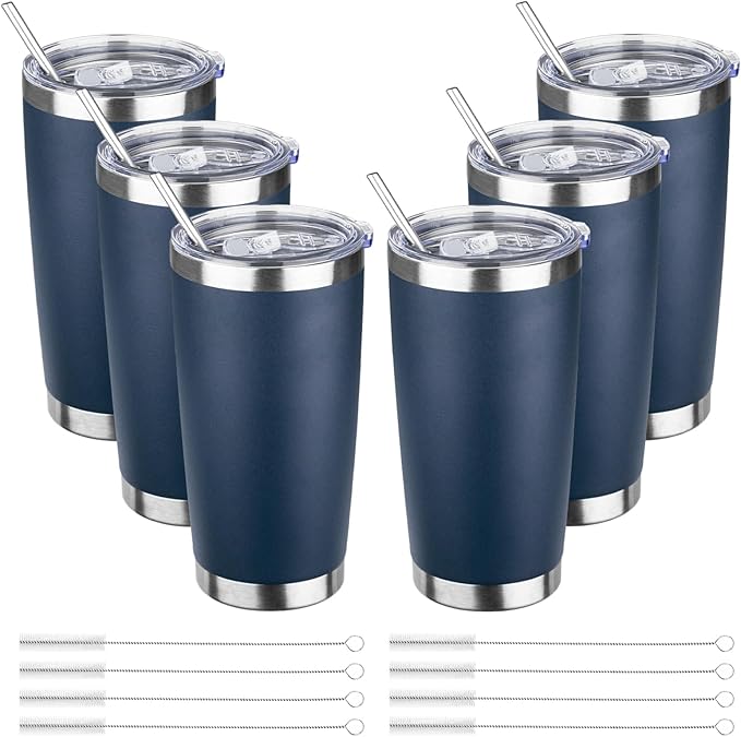 20oz Tumbler Bulk with Lid and Straw, Stainless Steel Double Wall Vacuum Insulated Travel Mug, Powder Coated Coffee Cups for Hot and Cold Drinks,Funny Gifts for Women Men(Navy Blue,6) - Bloomnest