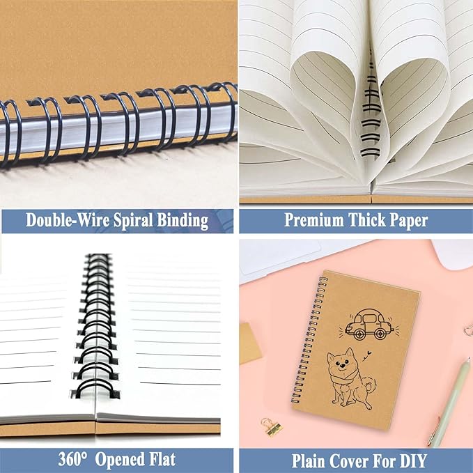 GINMLYDA 4Pack Small Spiral Notebook A5, 8.25x5.5” 120 Lined Pages Wide Ruled Spiral Journal Bulk Blank Kraft Cover Spiral Bound Notebook & Writing Pads for Home Office Meeting Work Note Taking - Bloomnest