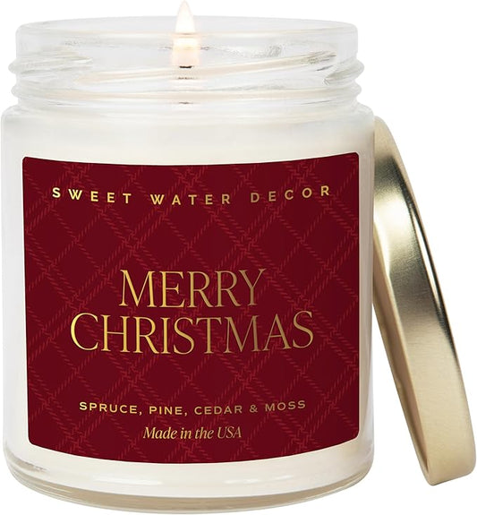 Sweet Water Decor Merry Christmas Scented Candles - Christmas Stocking Stuffers Soy Candles with Cypress & Lemon Scent - Christmas Candles with 40 Hours Burn Time - 9Oz Gold Lid Clear Jar Wax Candles - Bloomnest