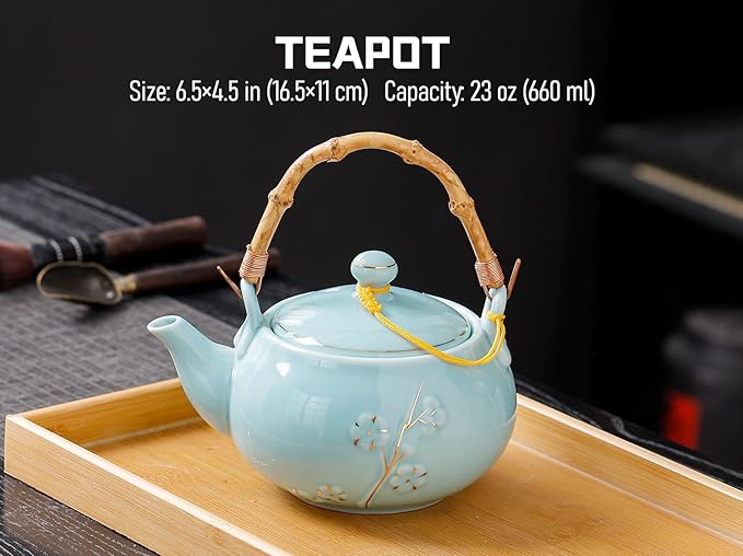 Japanese Tea Set with 1 Teapot(23 oz/660ml), 6 Tea cups(5.3 oz/150ml), 1 Tea Tray, 1 Stainless Infuser, Golden plum blossom relief,Chinese gungFu tea set (Golden plum-Blue) - Bloomnest