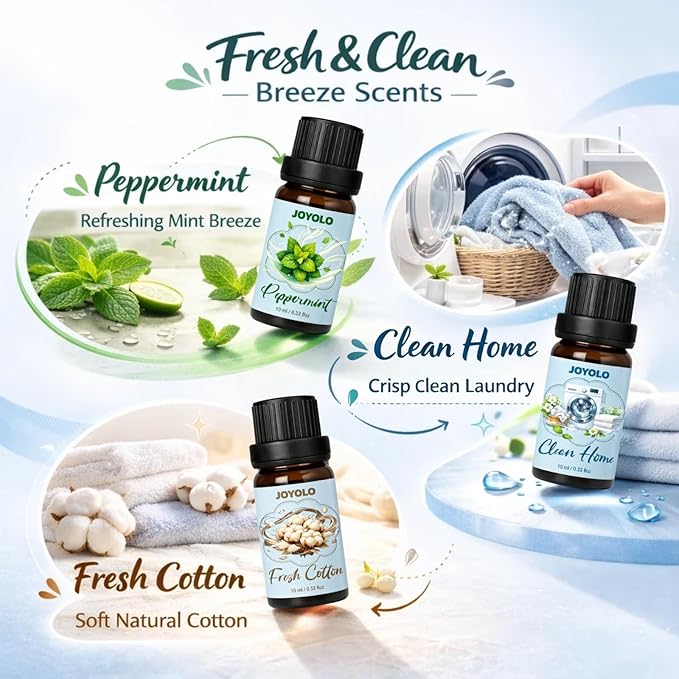 Essential Oil Diffuser & Essential Oils Set, Aromatherapy Diffuser with 7 LED Colors, 6 Oils Gift Pack (Clean Home, Peppermint, Blossom Soapy, Soft Powder, Fresh Cotton, Fresh Linen) - Bloomnest
