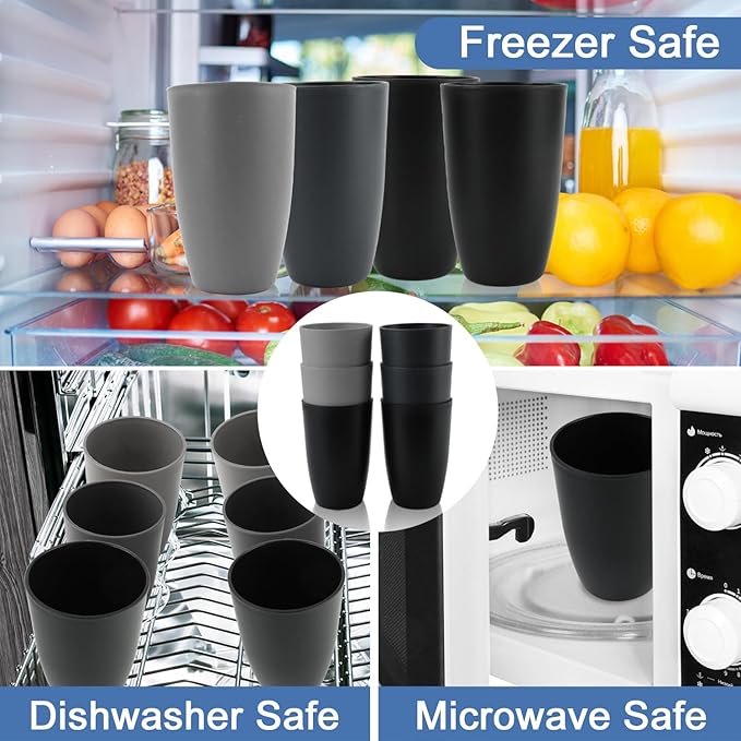 Wheat Straw Cups 20 OZ Set of 6, Unbreakable Drinking Cup Reusable, Alternative to Plastic Cups Reusable, Kitchen Water Tumblers Dishwasher and Microwave Safe (Black, Grey) - Bloomnest