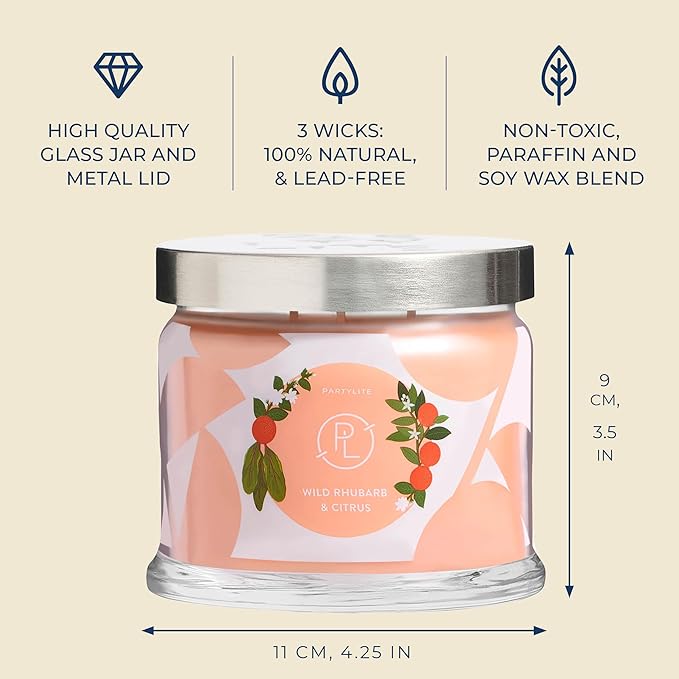 PartyLite Wild Rhubarb & Citrus Scented, Notes of Jasmine, Rhubarb and Creamy Sandalwood and White Musk, 13.2oz 3-Wick Jar Candle, 45 Hour Burn Time, Luxurious Fragrance, Ideal for Gifting - Bloomnest