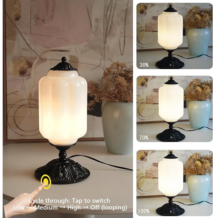 Vintage Milk Glass Touch Table Lamp, Elegant white Glass Bedside Desk Lamp 3 Way Dimmable with USB C+A Charging Ports - Bedroom Nightstand & Living Room Essential, 4W Bulb Included (white, 6.5) - Bloomnest