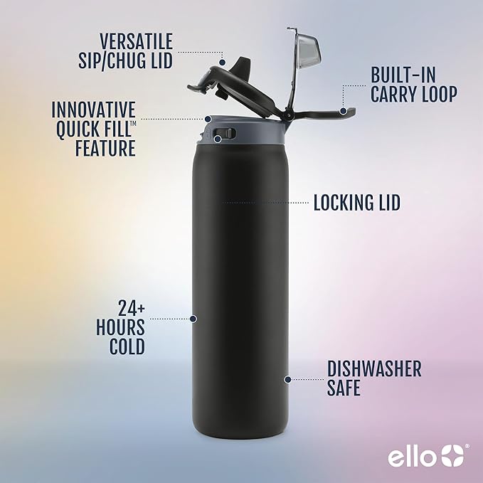 Ello Pop & Fill Insulated Stainless Steel Water Bottle with Quick Fill Lid, Leakproof Locking, Sip or Chug Spout, BPA-Free, Double Wall Vacuum Insulated for Sports, Travel & School- 22oz / 32oz / 40oz Ello