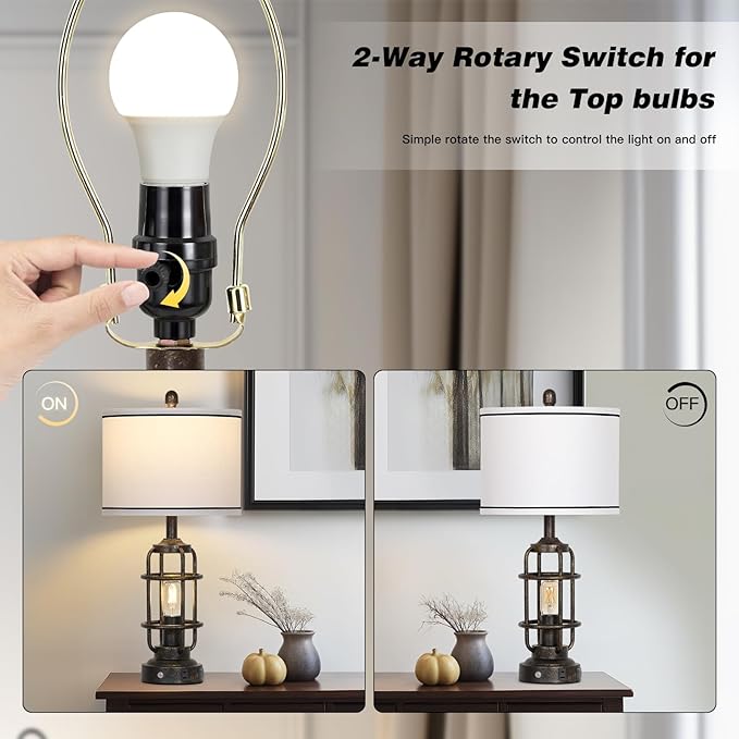 26" Vintage Industrial Table Lamps Set of 2, Farmhouse 3 Way Dimmable Touch Control LED Night Lights Table Lamp with USB A+C Ports & AC Outlet, Rustic Retro Beside Nightstand Lamp for Bedrooms Bronze - Bloomnest