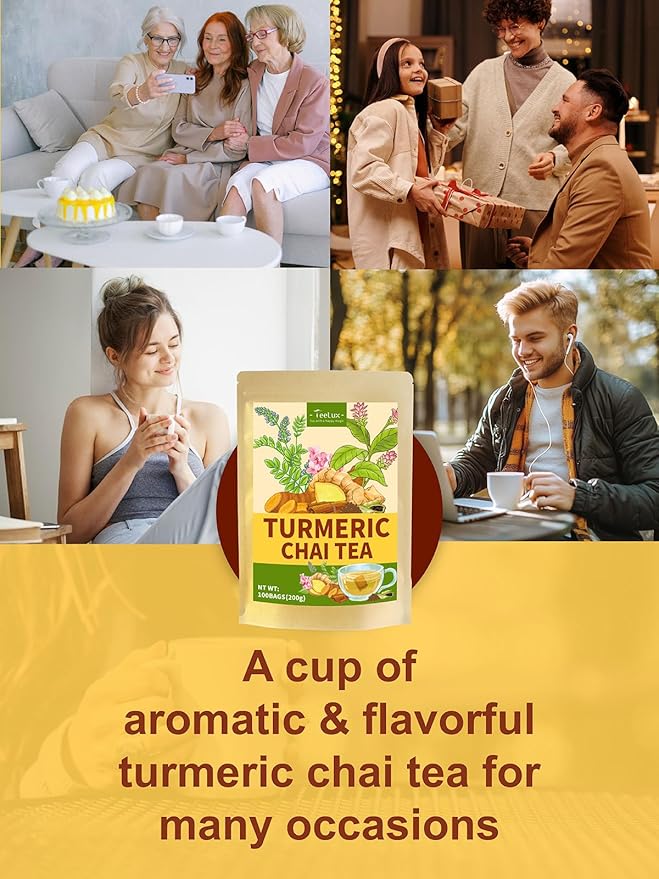 TeeLux Turmeric Chai Tea, Turmeric Tea with Licorice, Cinnamon, Ginger & Green Cardamom, Warming & Spicy Flavor, 100 Count - Bloomnest