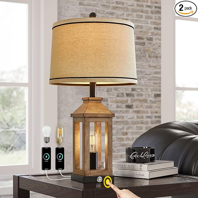 23.75" Farmhouse Table Lamps USB A+C Charging Ports 3-Way Dimmable Touch Control Lamp Nightlight Vintage Modern Lamp for Living Room Bedroom with 2 Light Sources - Bloomnest