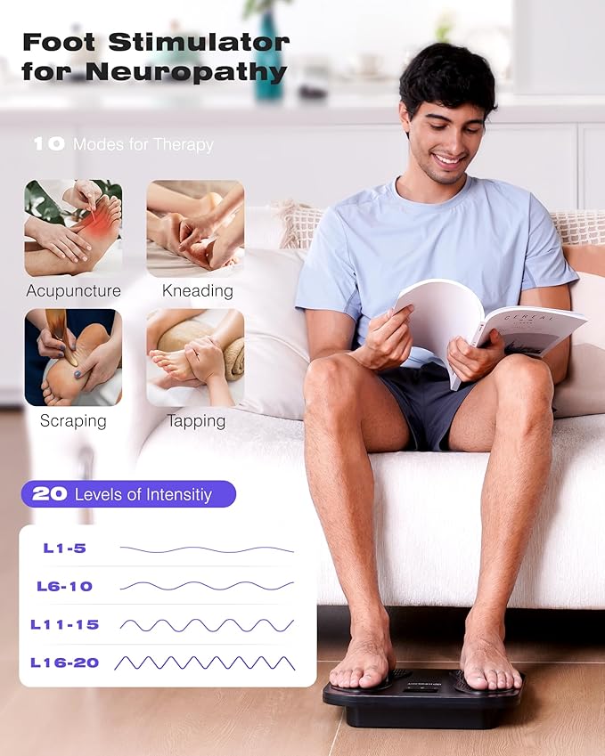 KINGJOY Foot Massager for Neuropathy, Rechargeable EMS TENS Foot Stimulator with 10 Modes 20 Intensities for Circulation Plantar Fasciitis & Swelling Pain Relief, Gifts for Women Men-Black - Bloomnest