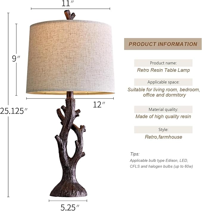 OYEARS 25" Farmhouse Table Lamp Set of 2 for Living Room Bedroom Resin Bedside Tree Lamp Nightstand End Table Lamps Vintage Natural Style - Bloomnest