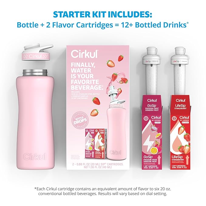 Cirkul 32oz. Blush Pink Stainless Steel Water Bottle Starter Kit with Pink Lid and 2 Flavor Cartridges (1 LifeSip Strawberry, 1 GoSip Passion Fruit Dragon Fruit) No Sugar, Zero Calorie Drink Mix Cirkul
