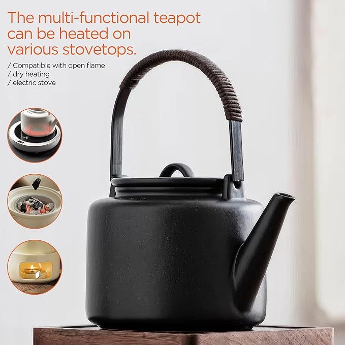 Small Stove Safe Ceramic Teapot with Cold Touch Curved Handle (27oz) - Hand-Glazed Finish - Suitable for Boiling Water and a Variety of Teas and Herbs - Matte Black - Bloomnest